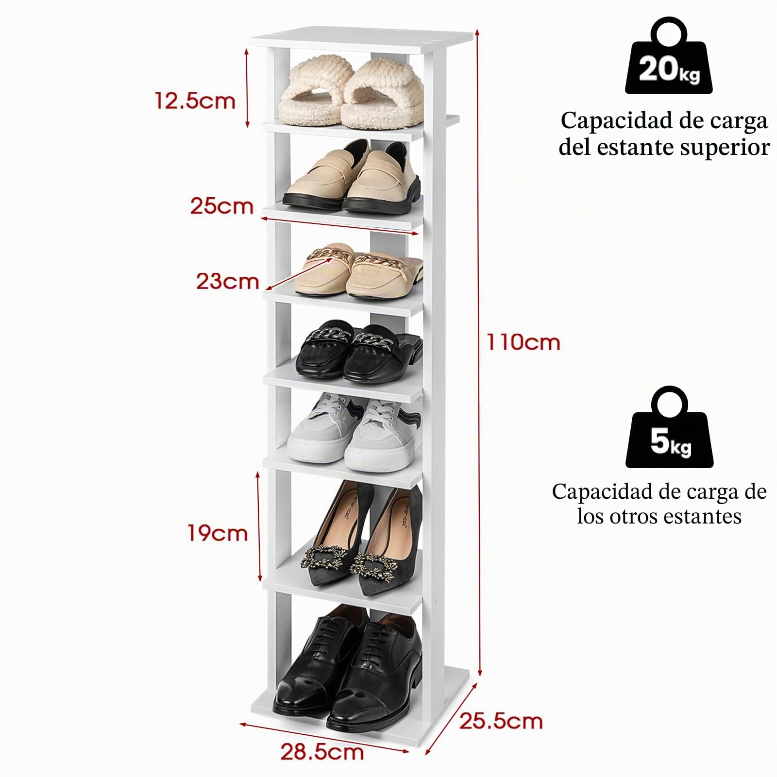 HOMASIS Zapatero de Madera, Zapatero Individual de 7 Niveles, en Panel de Madera MDF con Dispositivo antivuelco, Estante de Almacenamiento Independiente para Zapatos, 28,5x25,5x110cm (Blanco)