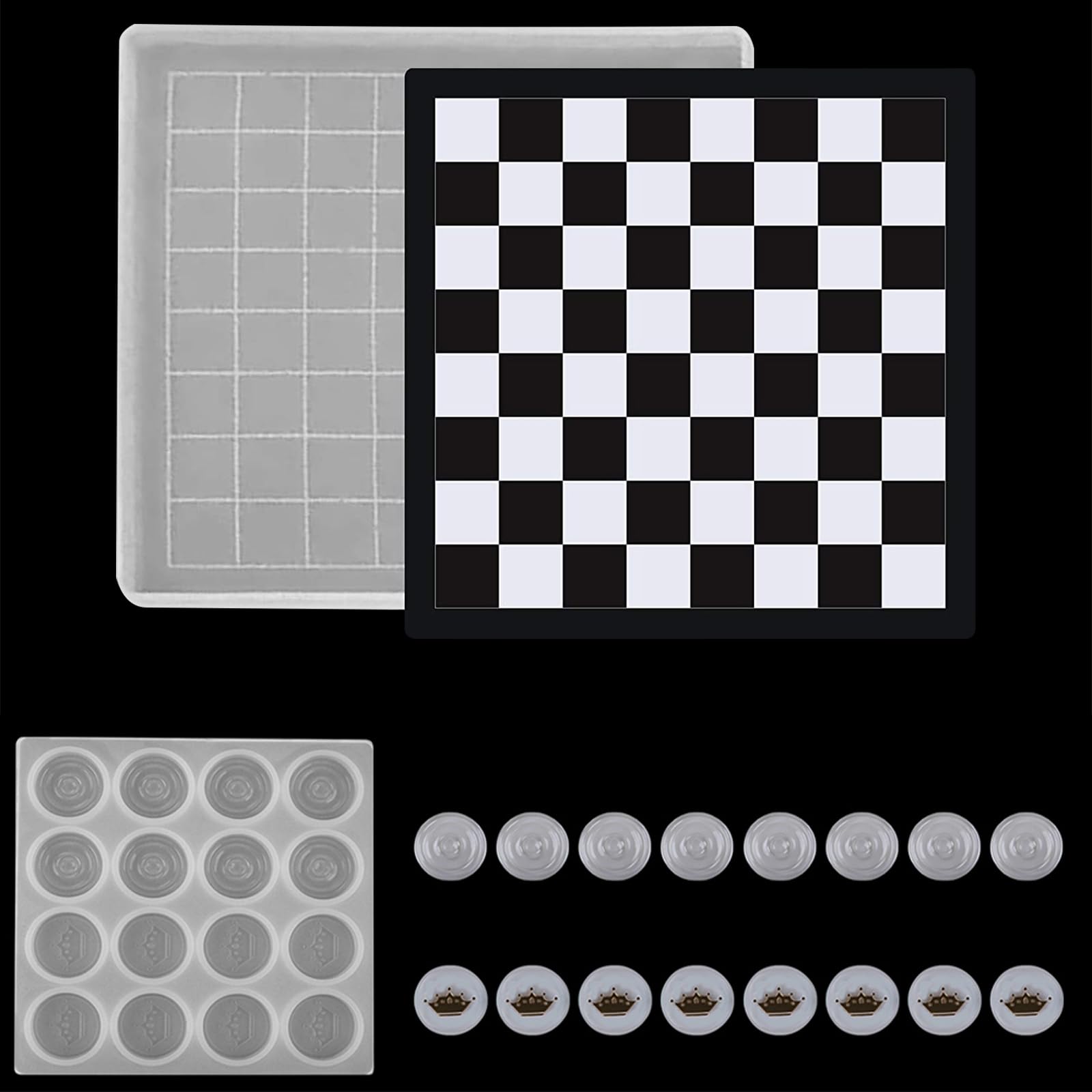 2Pcs Silicone Molds Set (1x Checker Silicone Mold + 1x Checker Board Mold) for DIY 3D Checker Game Board Chess Pieces Making Epoxy Resin Casting Mold