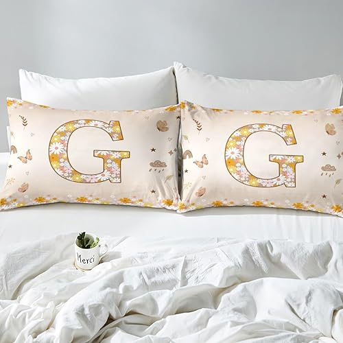 Miniatura 7 de Erosebridal Groovy - Juego de funda de edredón de flores vintage de los años 70 y 80, diseño floral personalizado, con inicial G, juego de cama