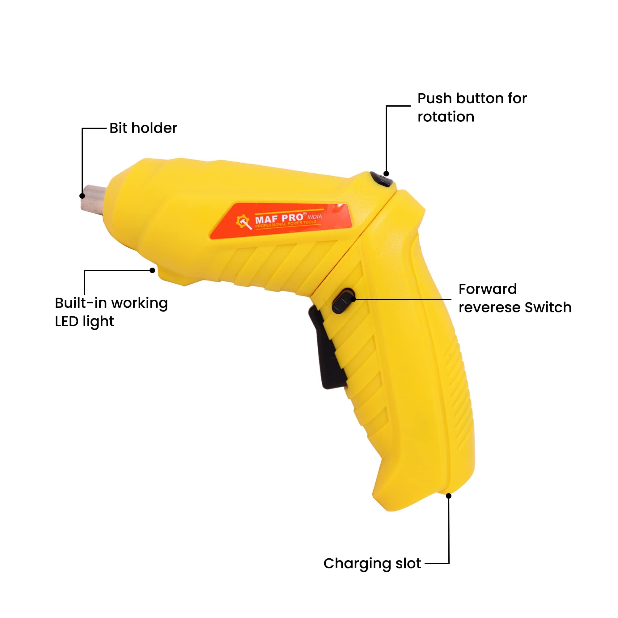 Homdum MAF Rechargeable and 90° Rotatable Cordless Drill Screwdriver Kit with Onboard LED Light and 11 Pieces Accessories 4V 6.35mm (Yellow) 2