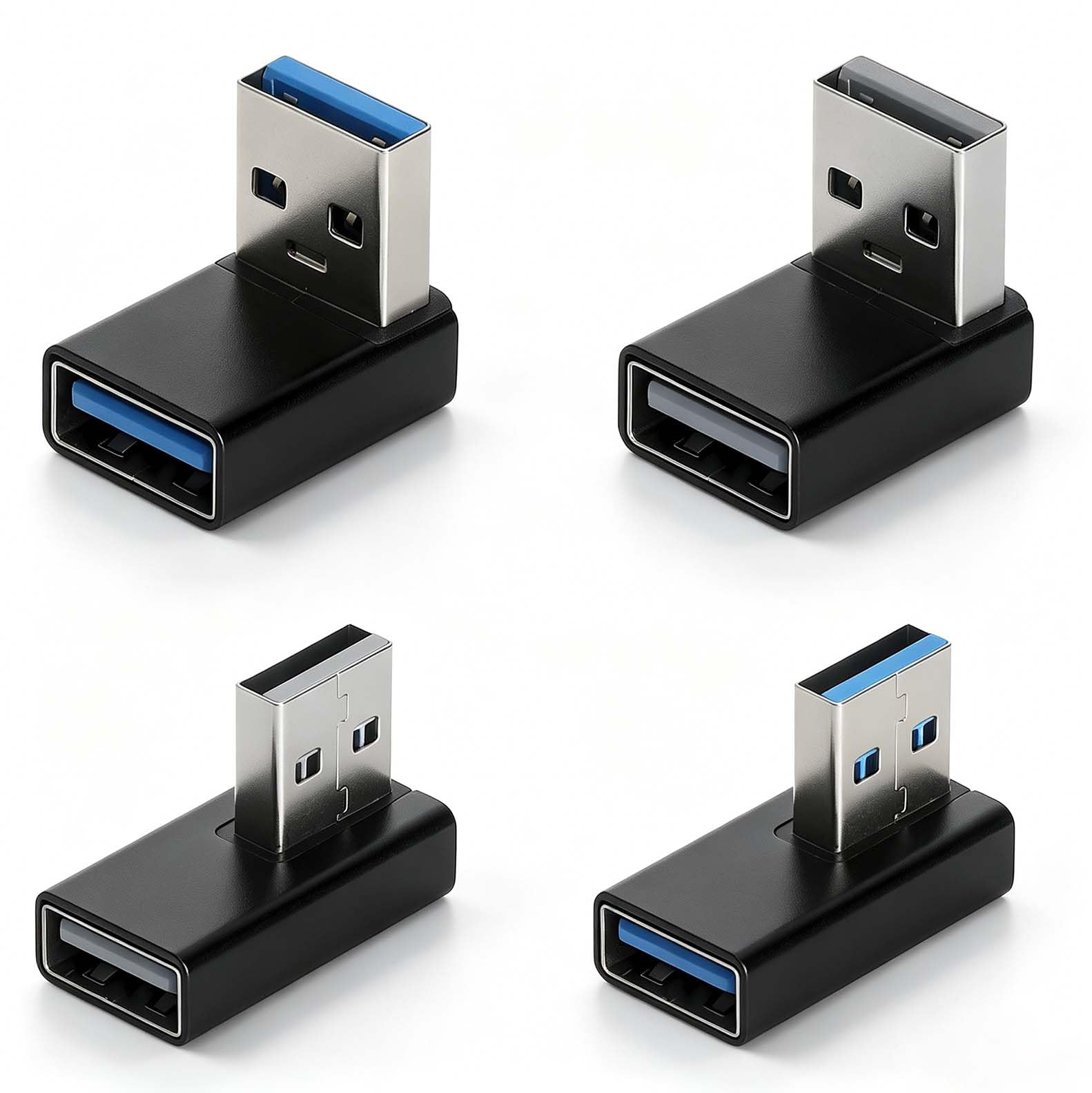 HENGBIRD 4 sztuki USB 3.0 wtyczka kątowa 90 stopni, wtyczka USB-A, czarna obudowa aluminiowa, do 5 Gbit/s i adapter kątowy USB w kształcie litery L do komputera, telewizora, konsoli do gier i