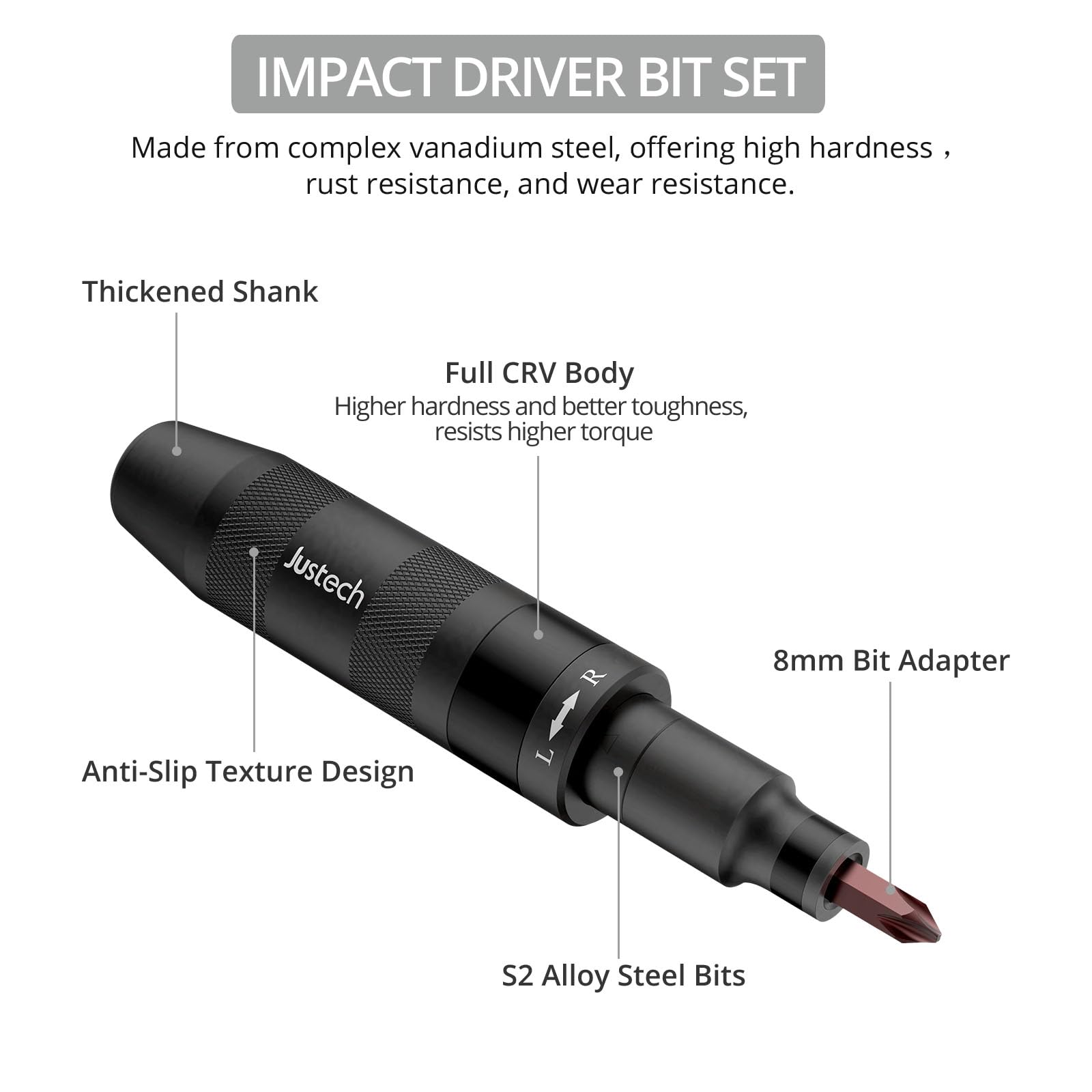 Justech Impact Screwdriver Set 10PCs Reversible Manual Hand Impact Driver Kit with Detachable 1/2-Inch Square Drive Phillips Bits and Slotted Bit for Car Repair Mechanical Assembly - Image 3