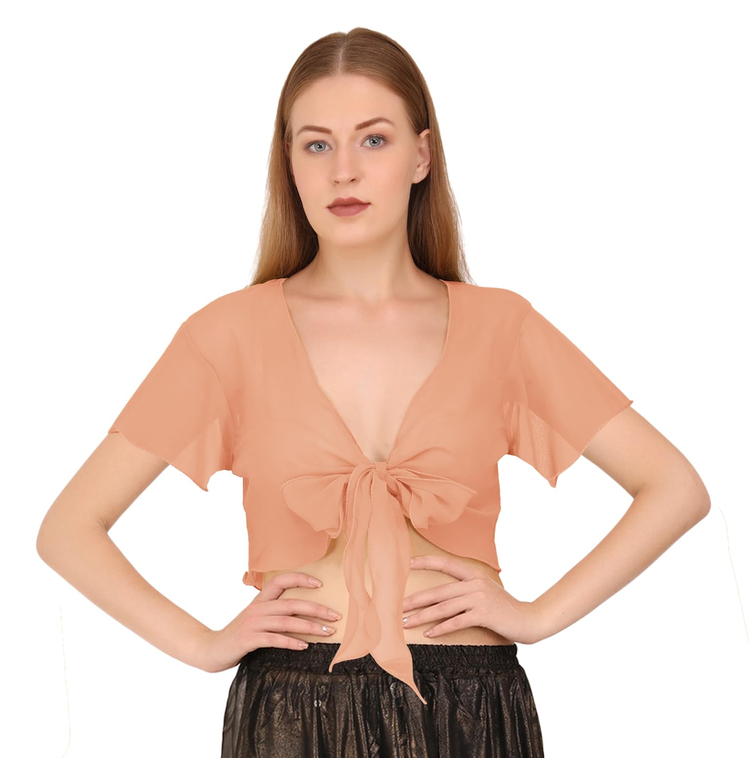 Indian Trendy Women's Chiffon Short Sleeve Tie Top Choli Blouse Belly Dance Gypsy Tie Front Cardigan Tops