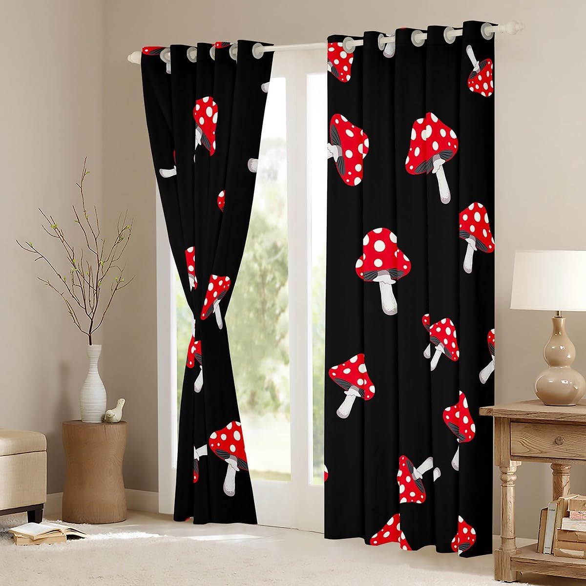 Cute Mushroom Blackout Curtains,White and Red Dots Geometric Kitchen Window Treatments,Kawaii Botanical Black Window Drapes for Home Decor, 2 Panels,42Wx63L inch