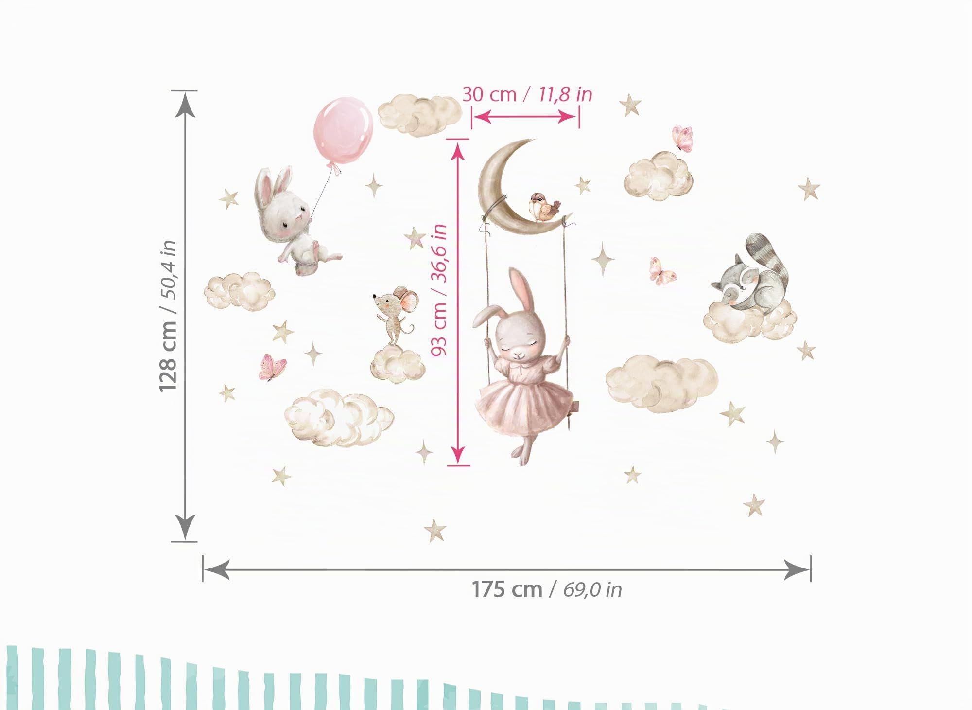 DK1127-04 - Adesivo da parete a forma di coniglio, acquerello, decorazione da parete per cameretta dei bambini, motivo: animali e palloncini