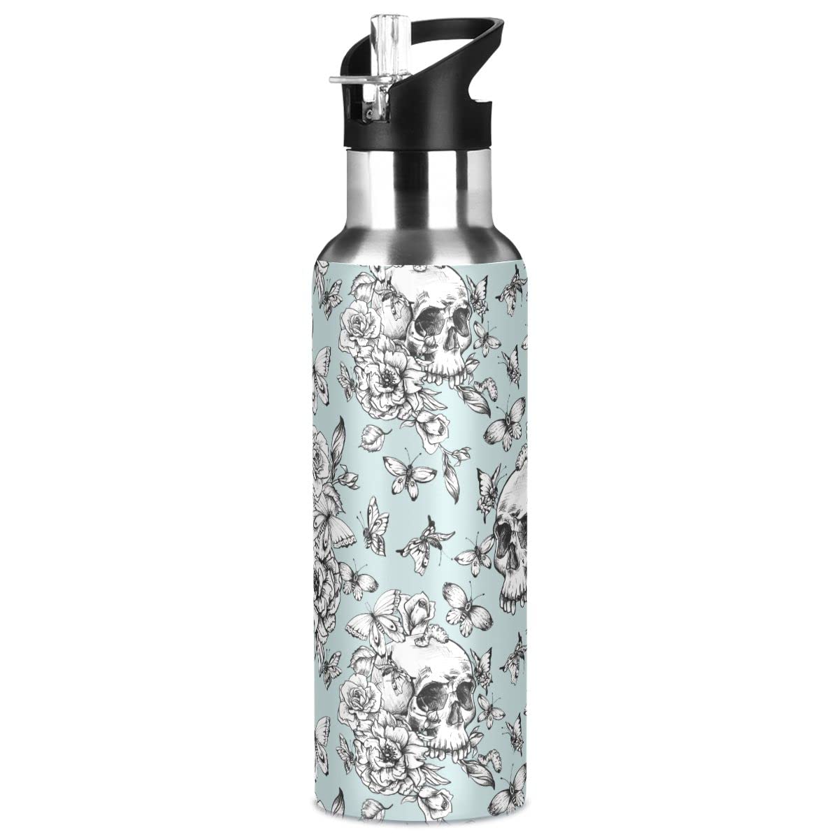 Edelstahl Wasserflasche mit Strohhalm, Vintage Goth Skull Isolierte Trinkflasche Sport Wasserflasche für Kinder Erwachsene, auslaufsicher, 1L