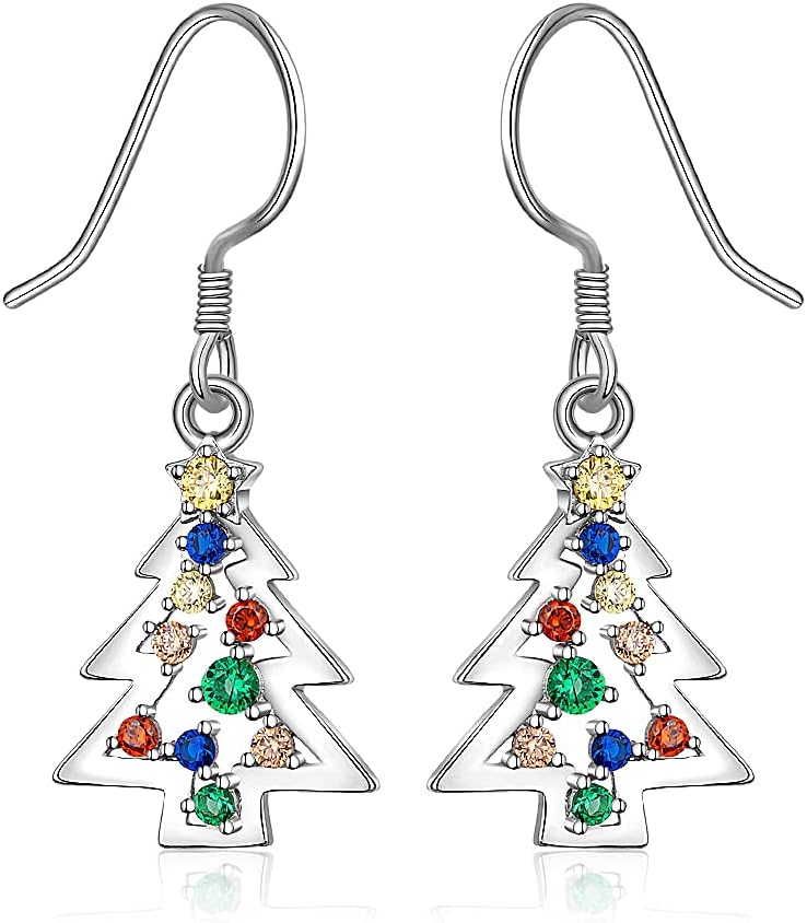 Christmas Tree Dangle Earrings Drop Star S925 Sterling Sliver for Women Colorful CZ Hypoallergenic Piercing Cute Fish Hook Festive Winter Holiday Jewelry Xmas Gift