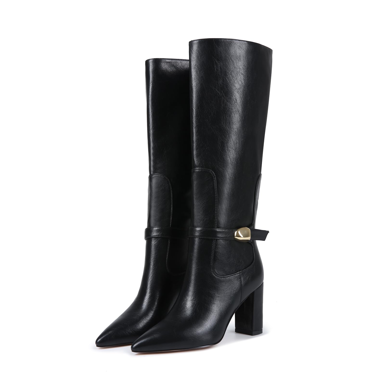 Womens Knee High Boots Pointed Toe Chunky Block Heel Wide Calf Design with Metal Buckle Accent Easy Slip