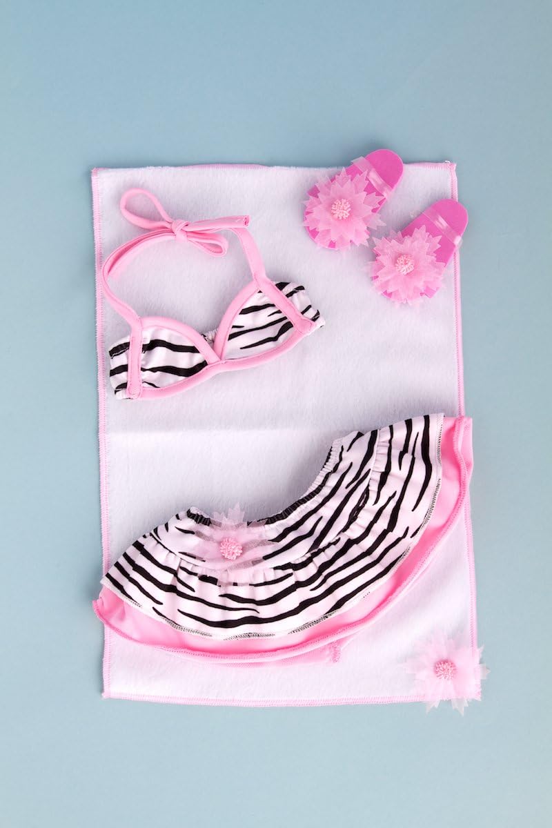 - Fun with The Sun - 4 Piece Bikini Outfit - Skirt, Bikini Top, Matching Flip Flops and Beach Blanket - Clothes Fits 18 Inch Doll (Doll Not Included)