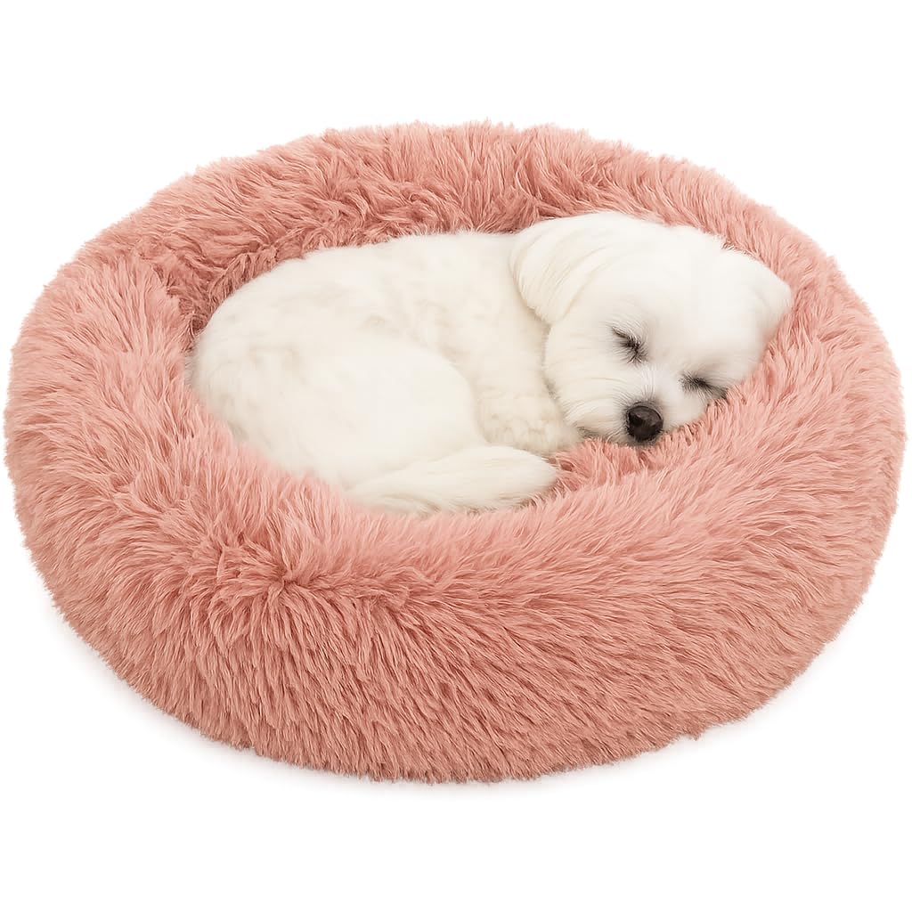 Flamingo Donut Dog Bed, Calming Round Dog Cat Bed - Soft and Fluffy Cuddler Pet Cushion - Self-Warming Puppy Beds - Machine Washable, 55cm Antique Pink