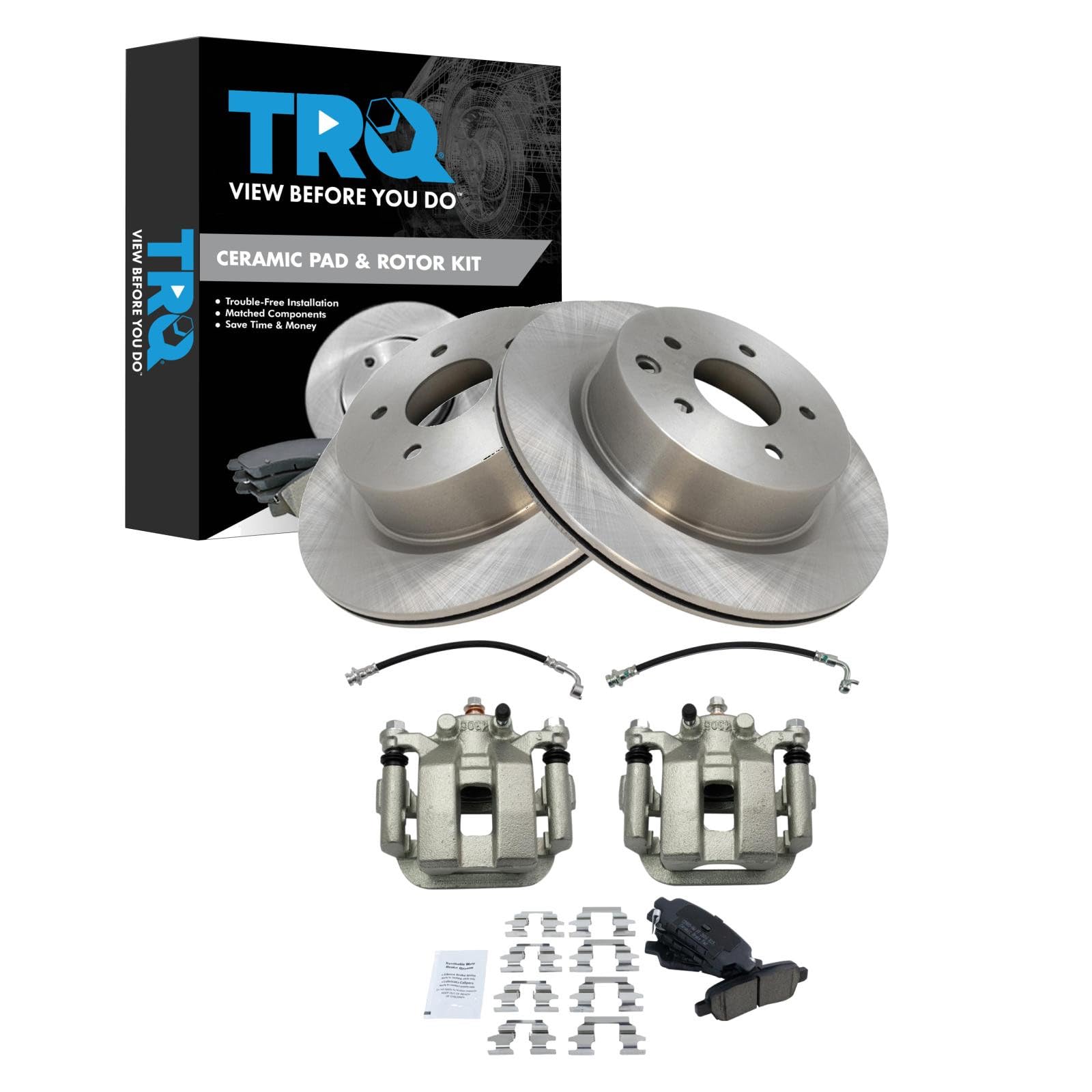 TRQ Rear Brake Pad and Rotor Set Ceramic Calipers Compatible with 2005 Infiniti G35 2005 Nissan 350Z From 8/01/05 Production Date
