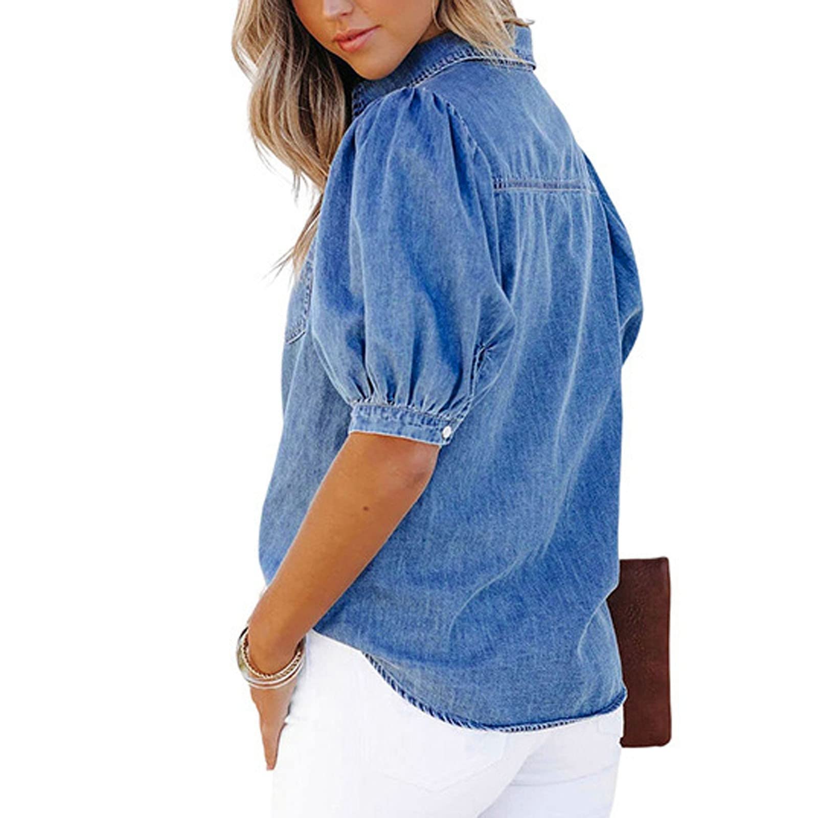 Generisch Camicia da donna a maniche corte in jeans da donna, con tasca dritta, con maniche a sbuffo
