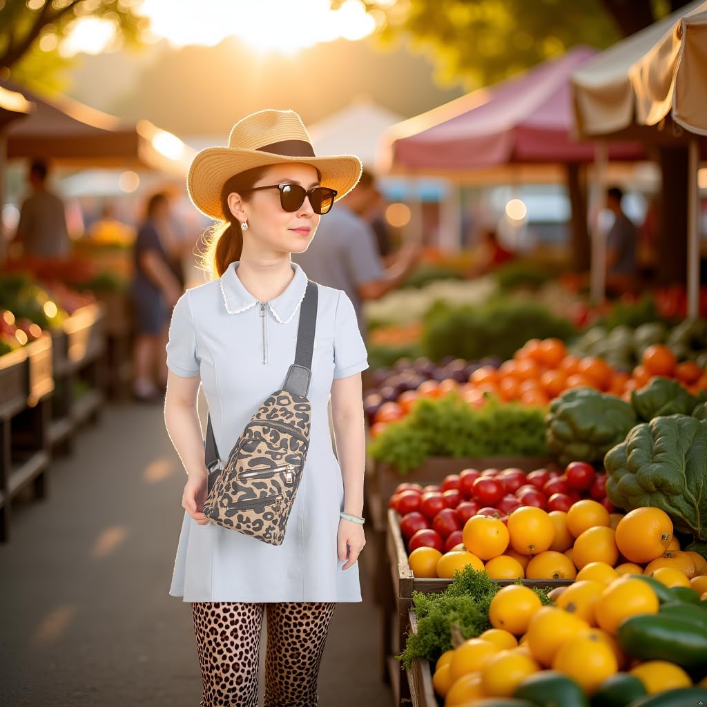 Leopard Sling Bag for Women & Men, Leather Crossbody Bag, Small Backpack Purses, Waterproof Chest Daypack Shoulder Bag, Cheetah Valentine's Day Gifts for Gym Work Hiking(Light brown strap) - Image 4