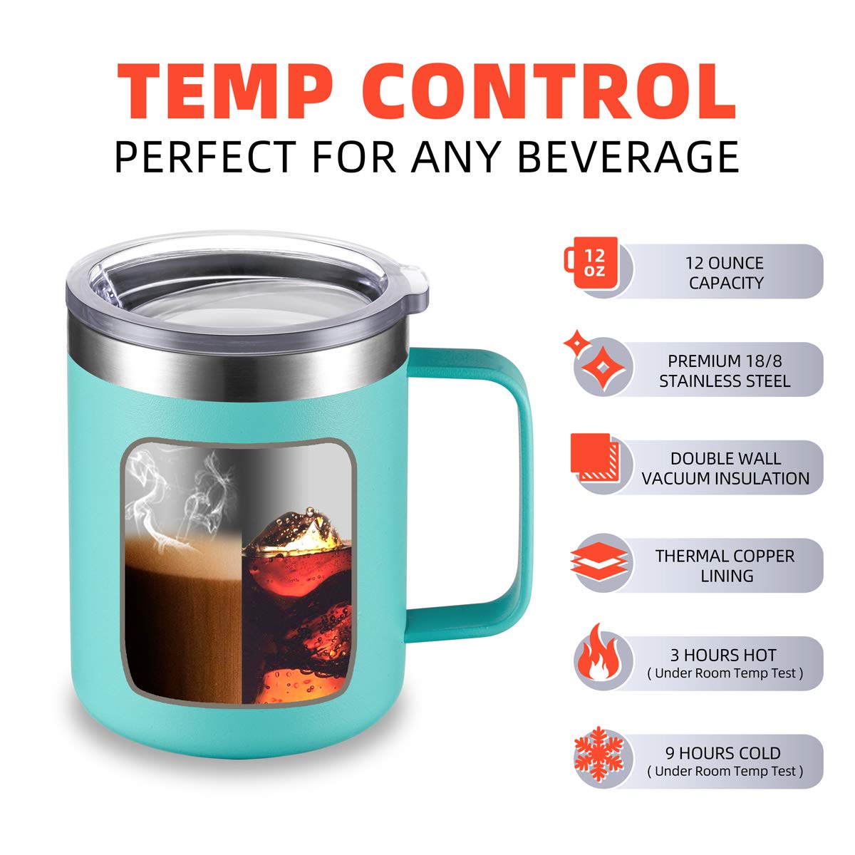 CIVAGO Taza de café de acero inoxidable con asa, 354 ml de doble pared aislado al vacío con tapa, apto para viajes (Aqua, 4 unidades)