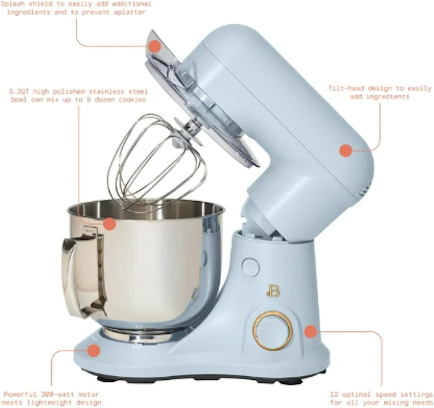 Drew Barrymore 5.3 Qt Stand Mixer, Cornflower Blue with Flat Beater, Dough Hook, Balloon Whisk