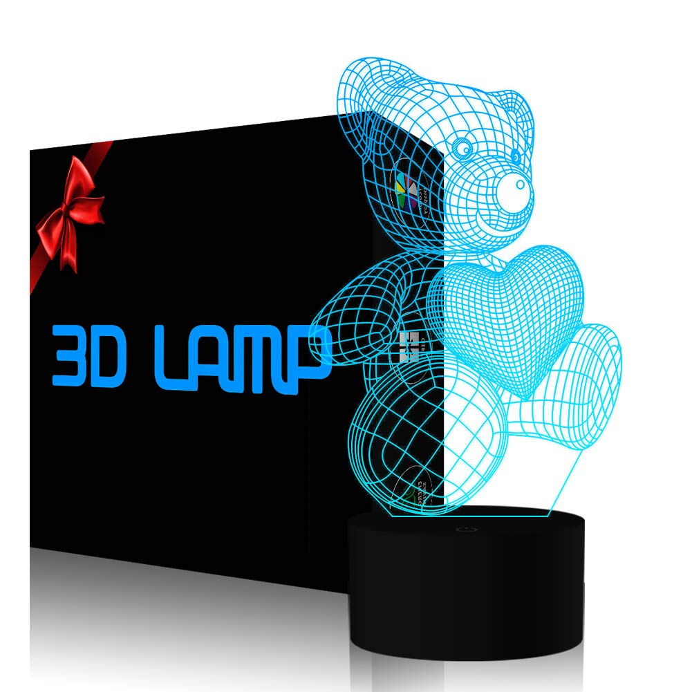 YiKAiLi Little Love Heart Bear 3D Illusion Lamp Led Night Light, USB Powered 7 Colors Flashing Touch Switch Bedroom Decoration Lighting for Kids Christmas Gift