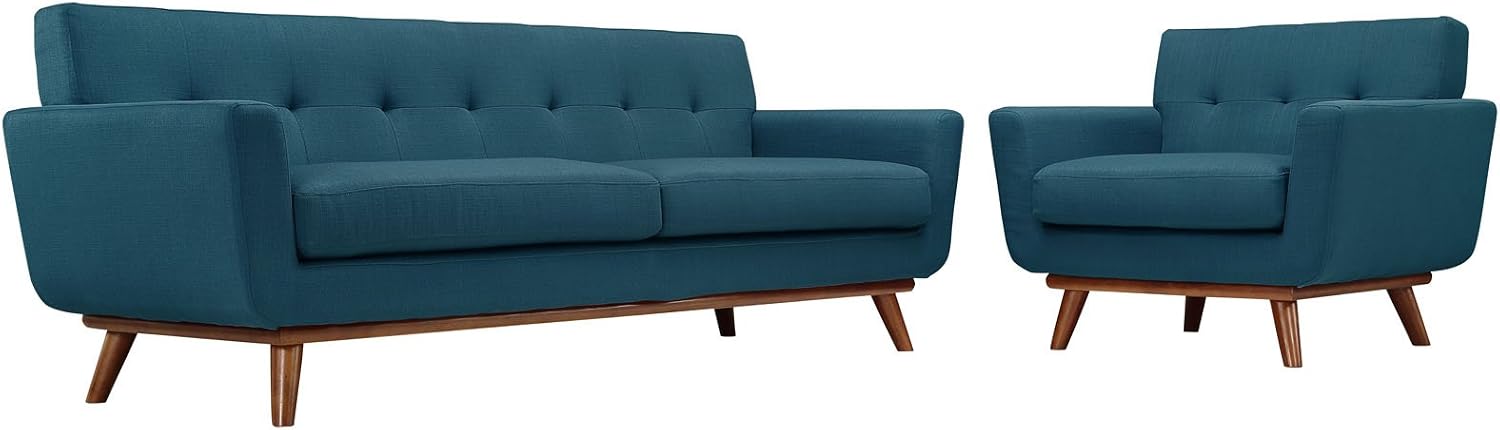 Modway Engage Mid-Century Modern Upholstered Sofa and Armchair Set in Azure