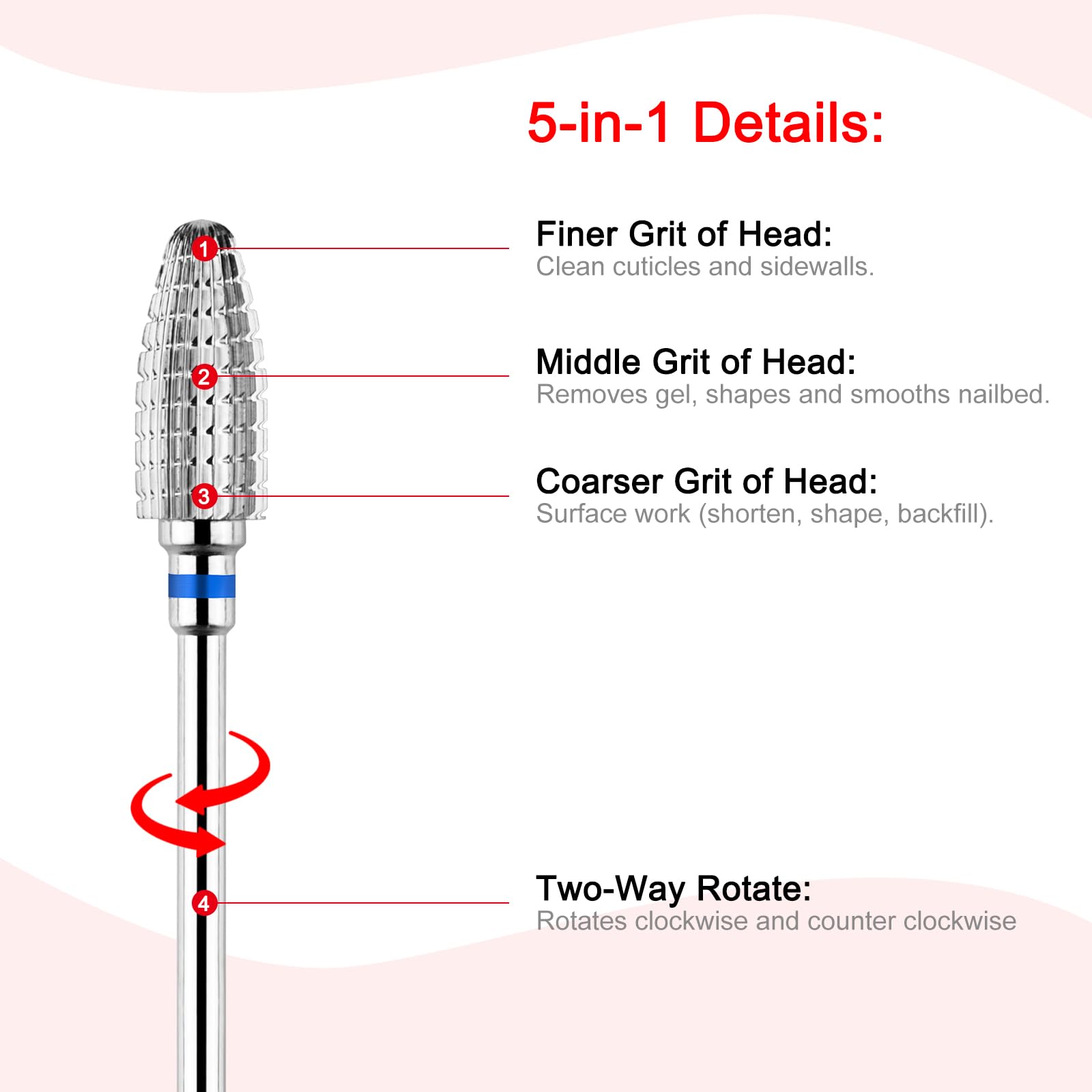 BNG 5 in 1 Carbide Nail Drill Bit Cuticle Remove Acrylic Nails Professional 3/32" Electric Nail Drill Tungsten Steel Bits Manicure Pedicure Professional Salon Tool - Image 3