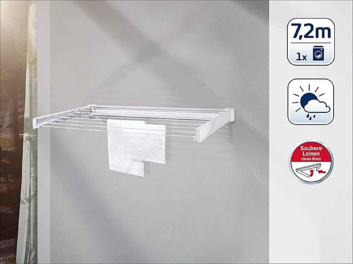 Leifheit Wandtrockner Telegant 72 Protect 7,20m Wäscheleine platzsparender Wäschehalter Wand ausziehbar