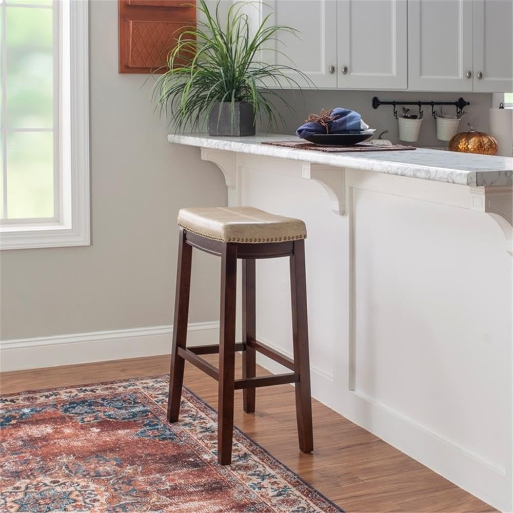 Riverbay Furniture 32" Transitional Wood Bar Stool, Beige Faux Leather Upholstery, Dark Brown Frame, Antiqued Brass Nailhead Trim, 275 lb Weight Limit, Bar Height Seating for Kitchen or Home Bar
