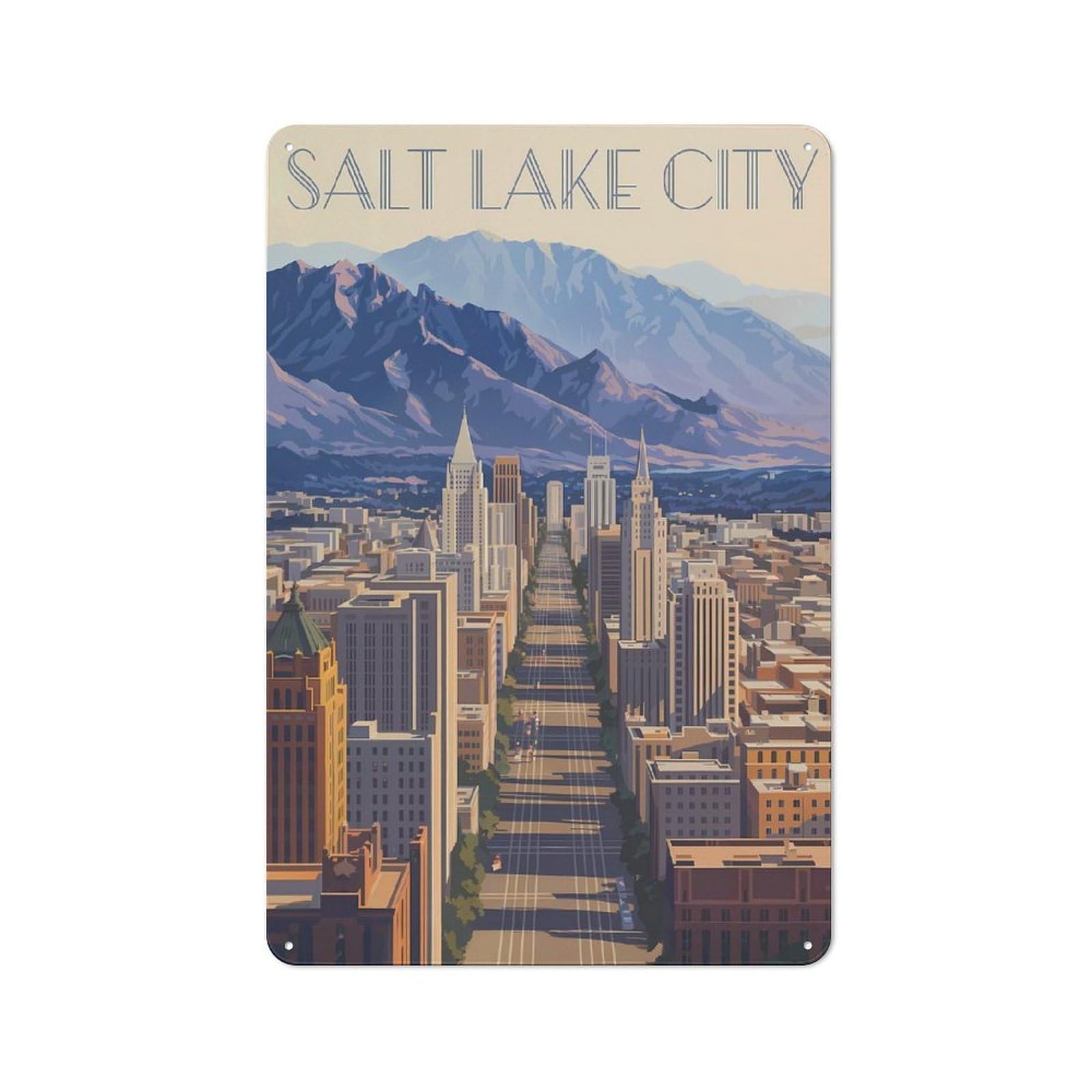 Junmoney Style-23 Rustic Tin Sign 30X20cm Featuring Salt Lake City Skyline Art For Living Room Wall, For Room Styling Across Living Rooms And Feature Walls