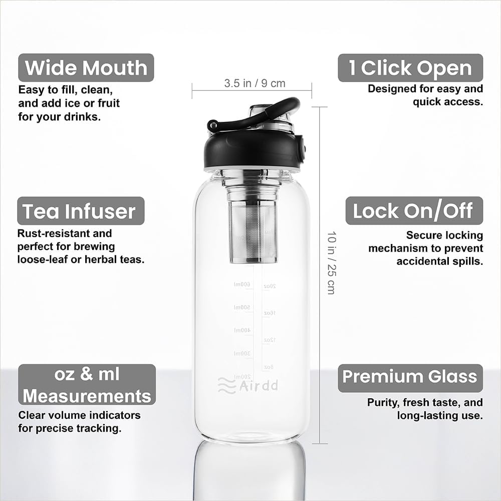 Botella de agua de vidrio con infusor de té de acero inoxidable de 32 onzas