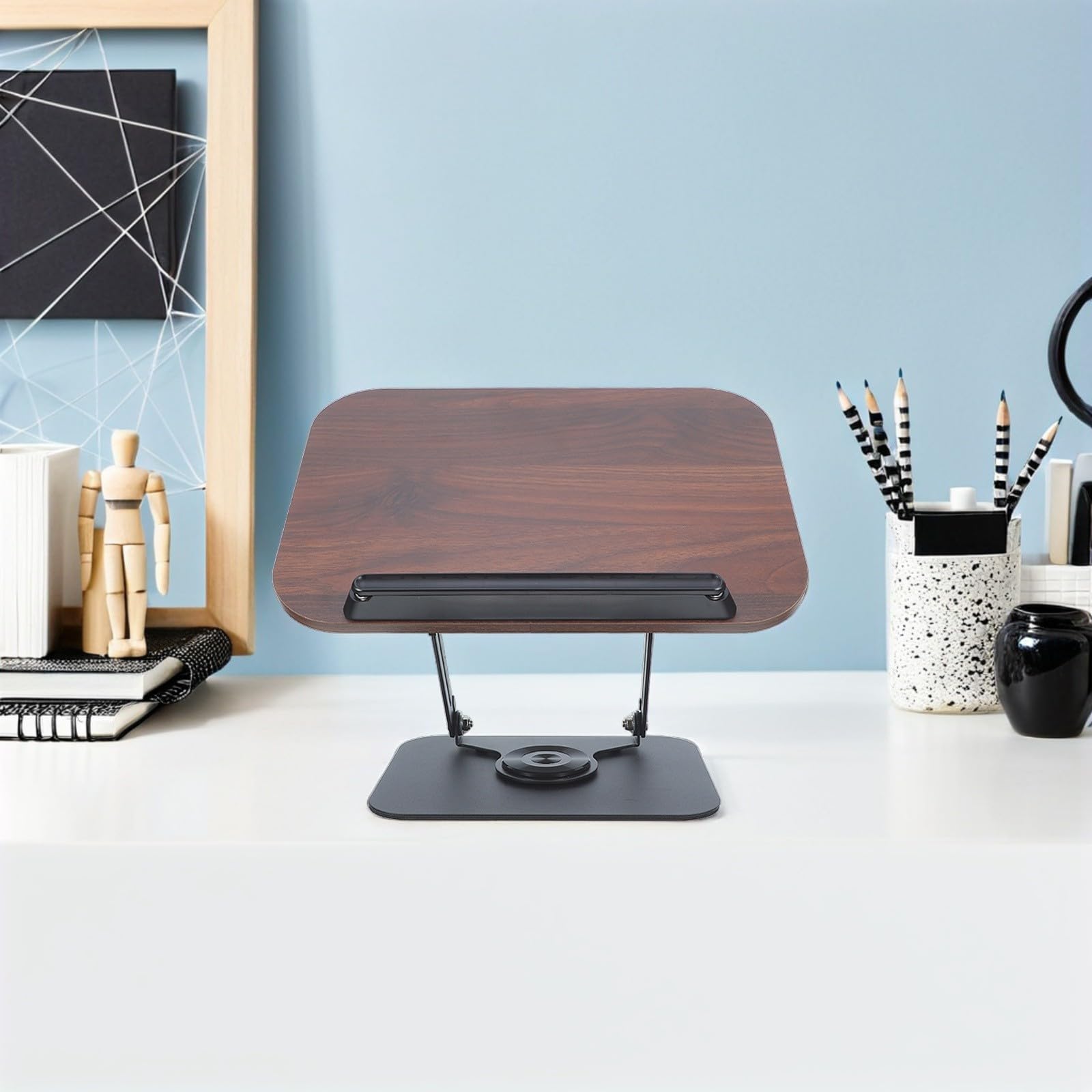 USHOBE Supporto per Libri Multifunzionale in Legno e Acciaio al Carbonio con Base Girevole a 360° Altezza Regolabile per Scrivania e Lettura a Mani Libere