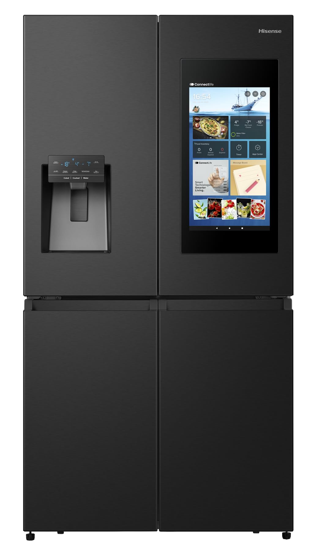 HisenseRQ759N4IBU1 Four Door French Smart Refrigerator with Touch Screen, 538L Net Capacity, Water & Ice Dispenser, Black