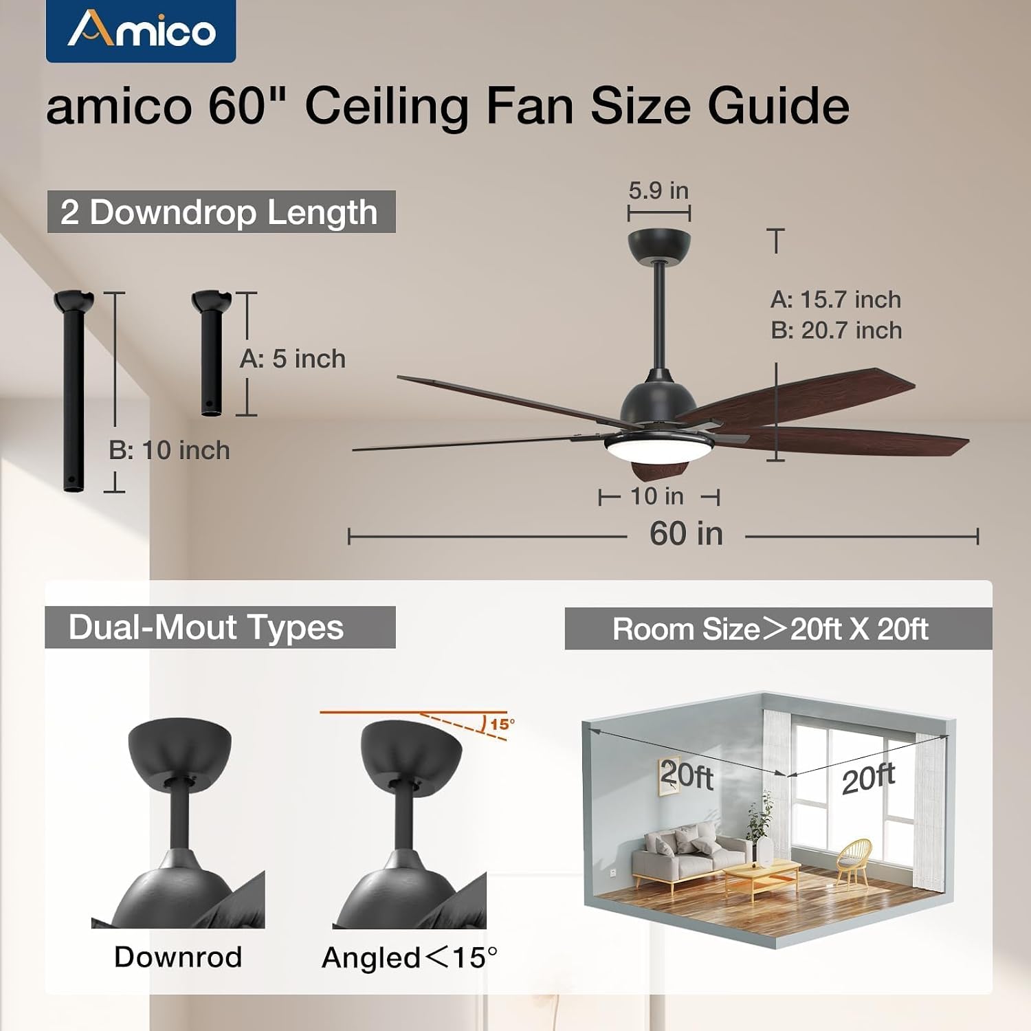 60'' Dark Brown Modern Ceiling Fan with Remote and LED Light