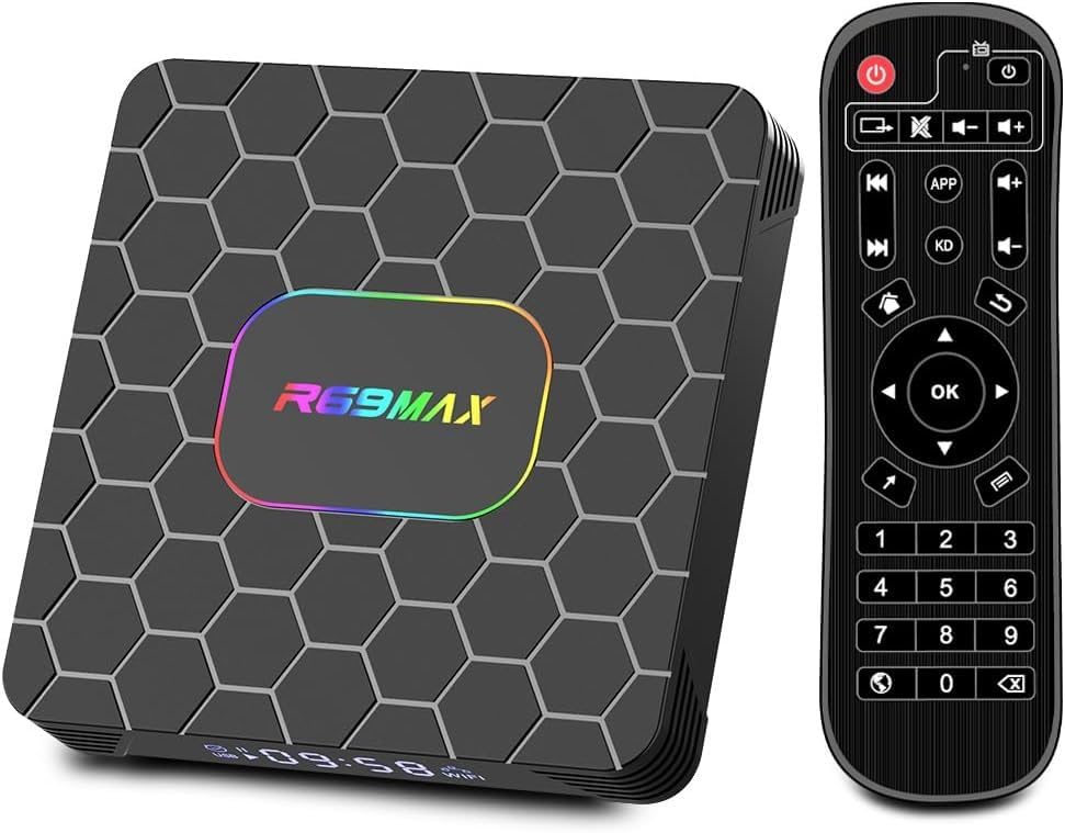 TV Box Android 14.0, R69MAX Smart TV Box RK3528 Quad Core Arm Soporte 8K 3D 1080P 2.4/5.0Ghz Wi-Fi BT5.0 10/100M Ethernet DLNA HDMI2.0 USB3.0 H.265,4gb+32gb