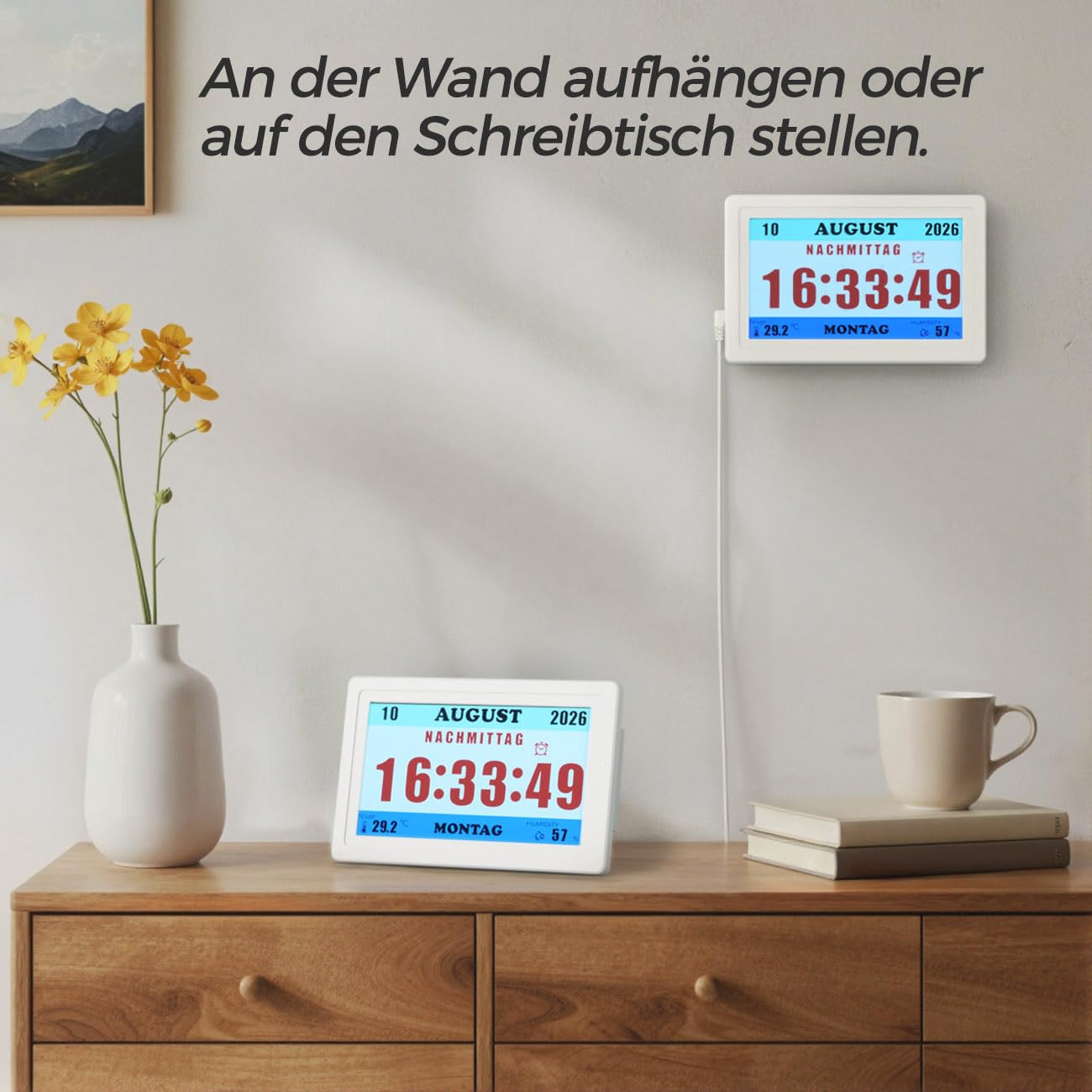 7'' Digitale Demenz-Uhr für Senioren - Große Schriftanzeige mit Uhrzeit, Datum, Wochentag, Temperatur, 5 Alarmen & 10 Erinnerungen, Automatische Dimmung, Weiß