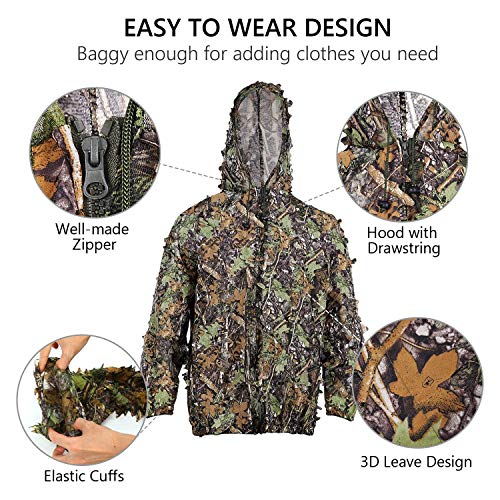 SMZCTYI Ghillie Suit 3D Leafy Woodland Camouflage Clothing, Lightweight Breathable Hooded Apparel for Jungle Hunting, Shooting, Airsoft, Hallowee