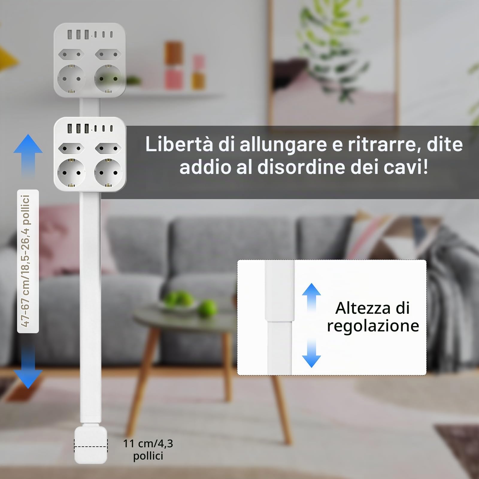 Presa Rotante Estensibile (47-67 cm), con Porte USB-A/USB-C e 3 Prese AC, Rotazione 360°, Ideale per Divano, Comodino e Dietro ai Divani (Piazza)