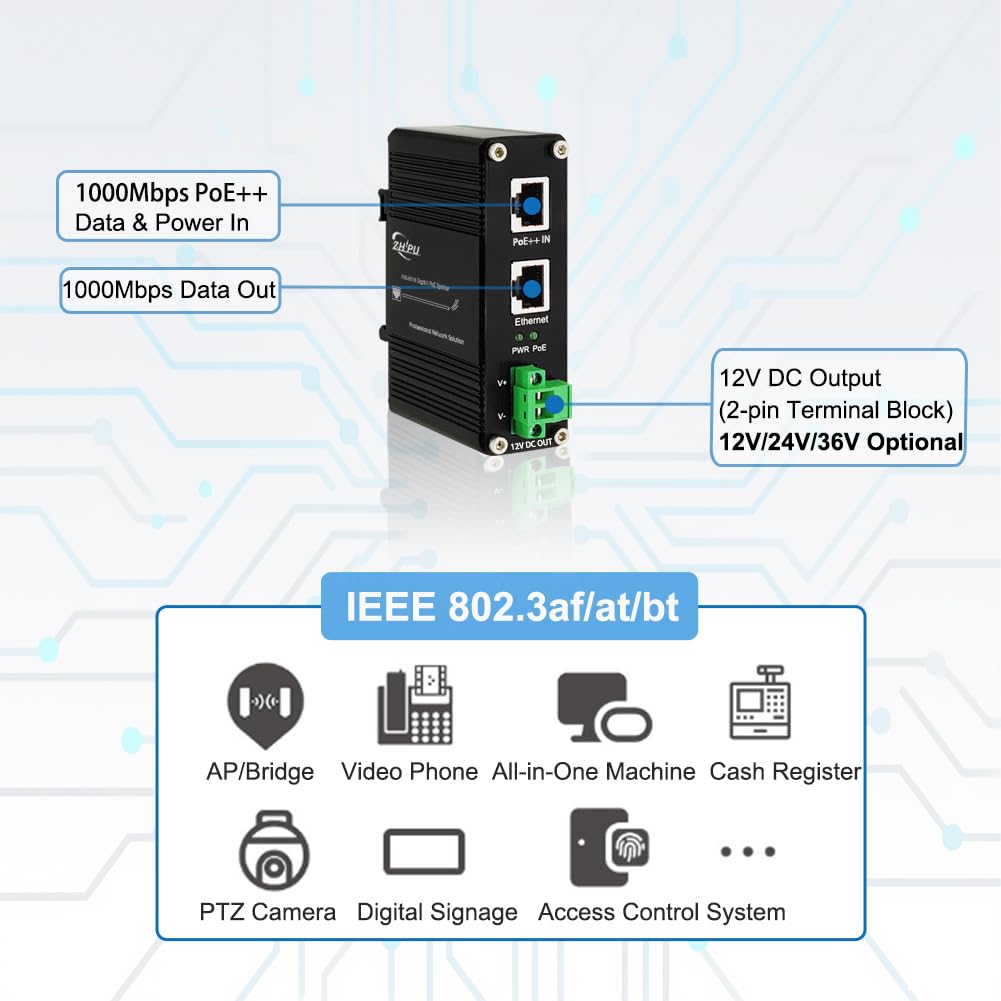 Htfoevrxs Przemysłowy hartowany Gigabit 95 W PoE + rozdzielacz IEEE802.3at/af/bt 12 V DC wyjście zasilacz do kamer monitorujących, systemów kontroli dostępu
