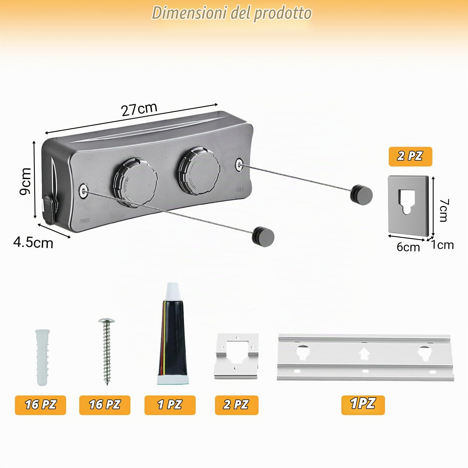 Filo per bucato allungabile, 5,1 m, montaggio a parete, in acciaio inox non appeso, filo per bucato, due fili di lino per balcone, hotel, bagno