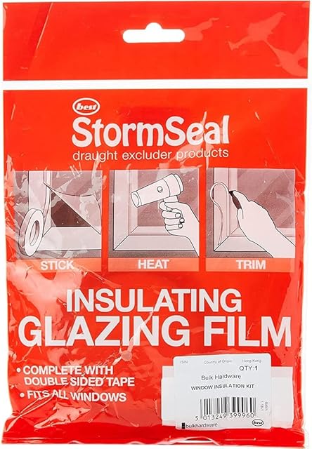Merriway BH04947 StormSeal Window Insulation Secondary Double Glazing Shrink Film Kit, Supplied with Double-Sided Tape, Covers 6 x 1.5 Metres 9.0 Sqm (19'6 inch x 4'11 inch / 95sq ft)