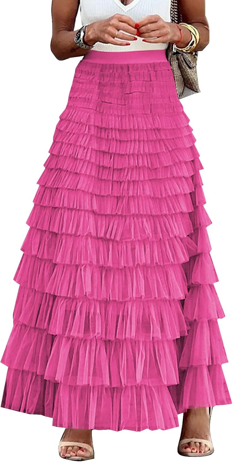 Flygo Women's Long Maxi Tulle Skirts A Line Ruffle High Waisted Tiered Layered Mesh Tutu Skirt Petticoat