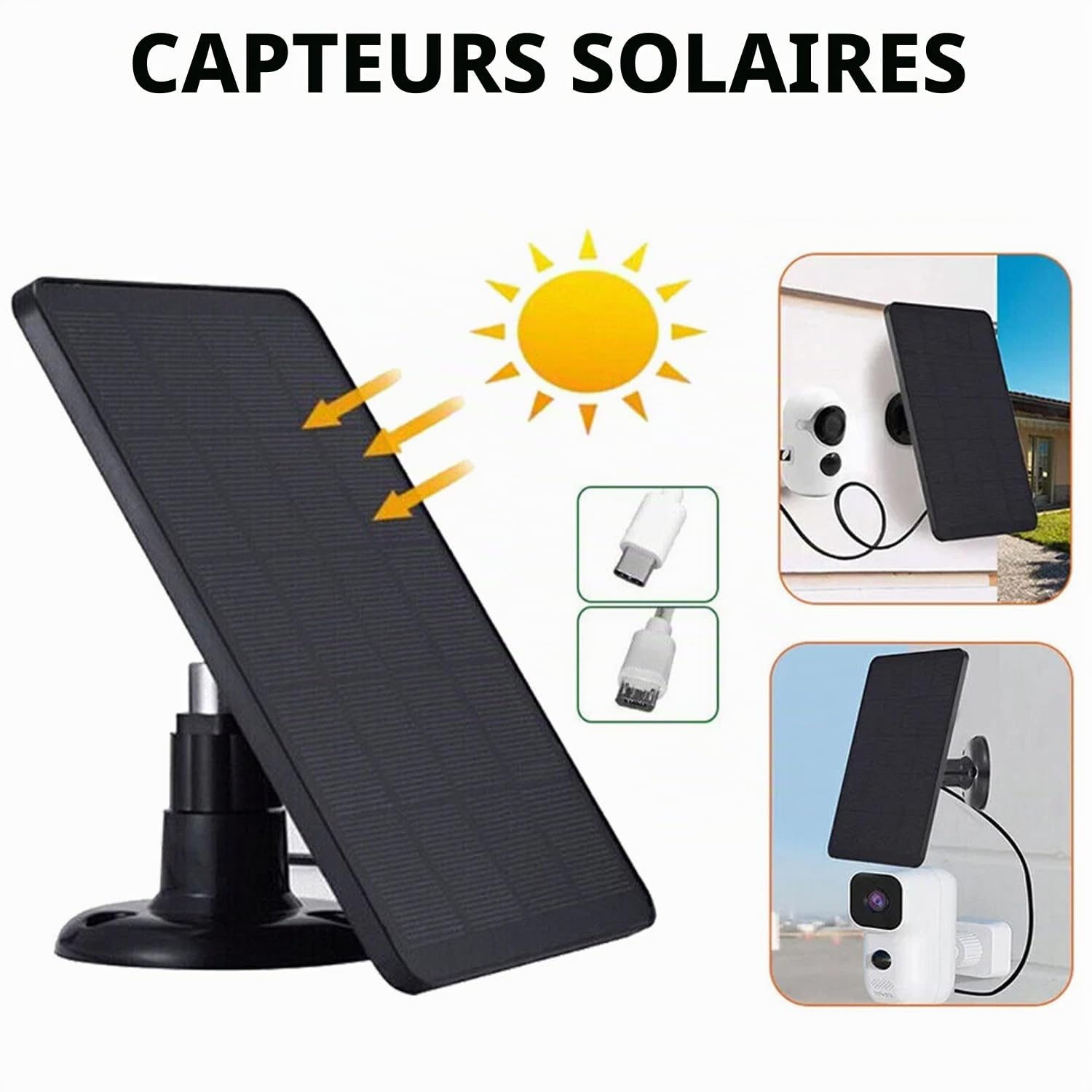 Panneau solaire pour caméra Ring, module solaire 4W pour caméra de surveillance extérieure avec batterie, chargeur solaire type C avec support réglable à 360° et câble de charge de 3 m, panneau