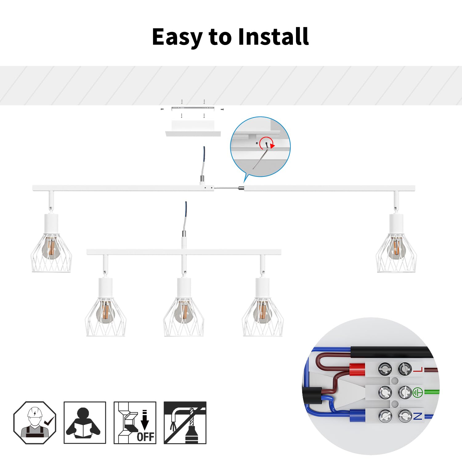 LVWIT Faretti Soffitto Bianco, Faretti Orientabili con 5 Attacco E14, Faretto da Interno Moderna, Lampadario Faretti per Barra, Salotto, Cameretta, Cucina,Corridoio Illuminazione (Senza Lampadina)
