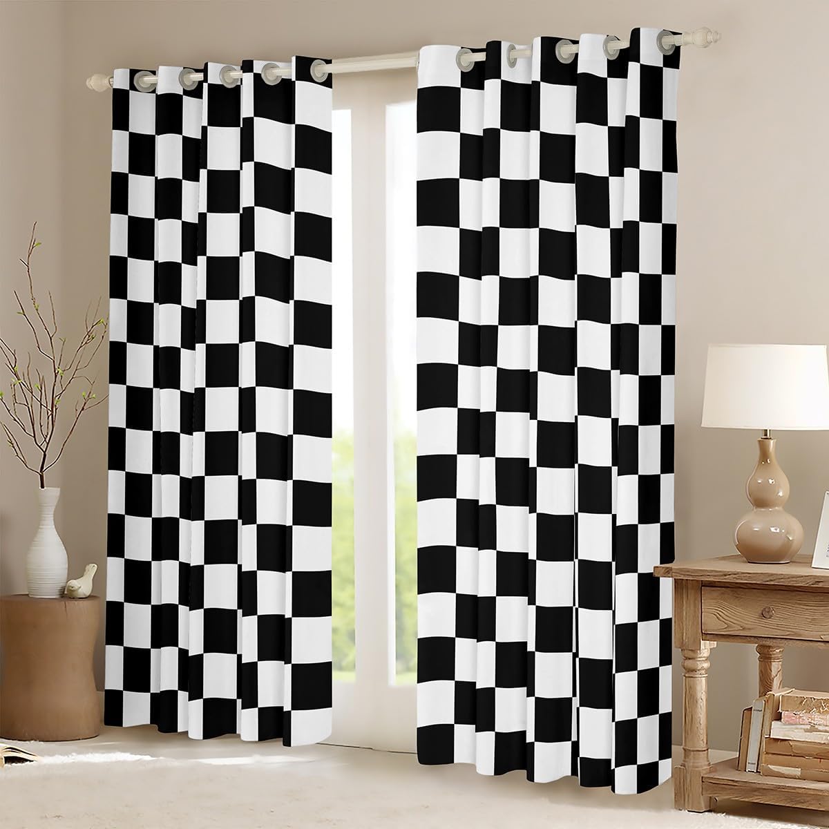 Black and White Plaid Window Curtains Reversible Geometric Square Grid Window Drapes, Kids Boy Room Decor, Lattice Checkerd Window Treatments, Grommet Top 2 Panel Set Bedroom Curtains, 42Wx84L inch