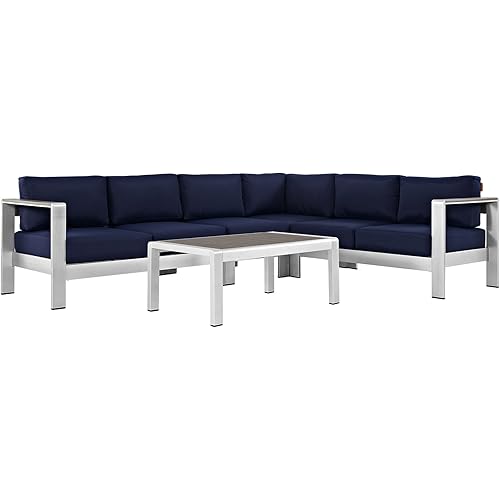 Modway Shore 5-Piece Aluminum Outdoor Patio Sectional Sofa Set in Silver Navy