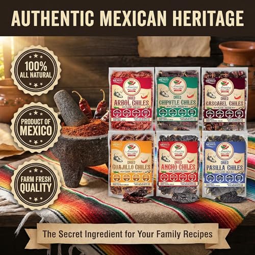 Dried Peppers 6 Pack Bundle - Ancho, Guajillo, Pasilla, Arbol, Chipotle, Cascabel (24oz Total). By Amazing Chiles & Spices