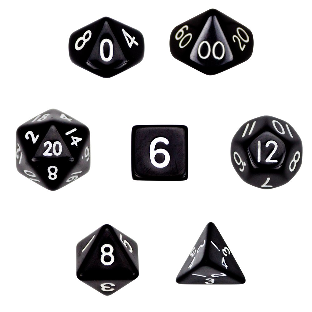 7 Die Polyhedral Dice Set - Solid Black with Velvet Pouch By Wiz Dice