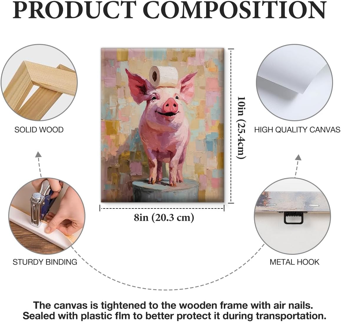 APOHBGV Funny Pig Bathroom Canvas Wall Art Cute Animal and Toilet Paper Themed Artwork Abstract Wall Decoration for Restroom Nursery Home 8x10 Inch