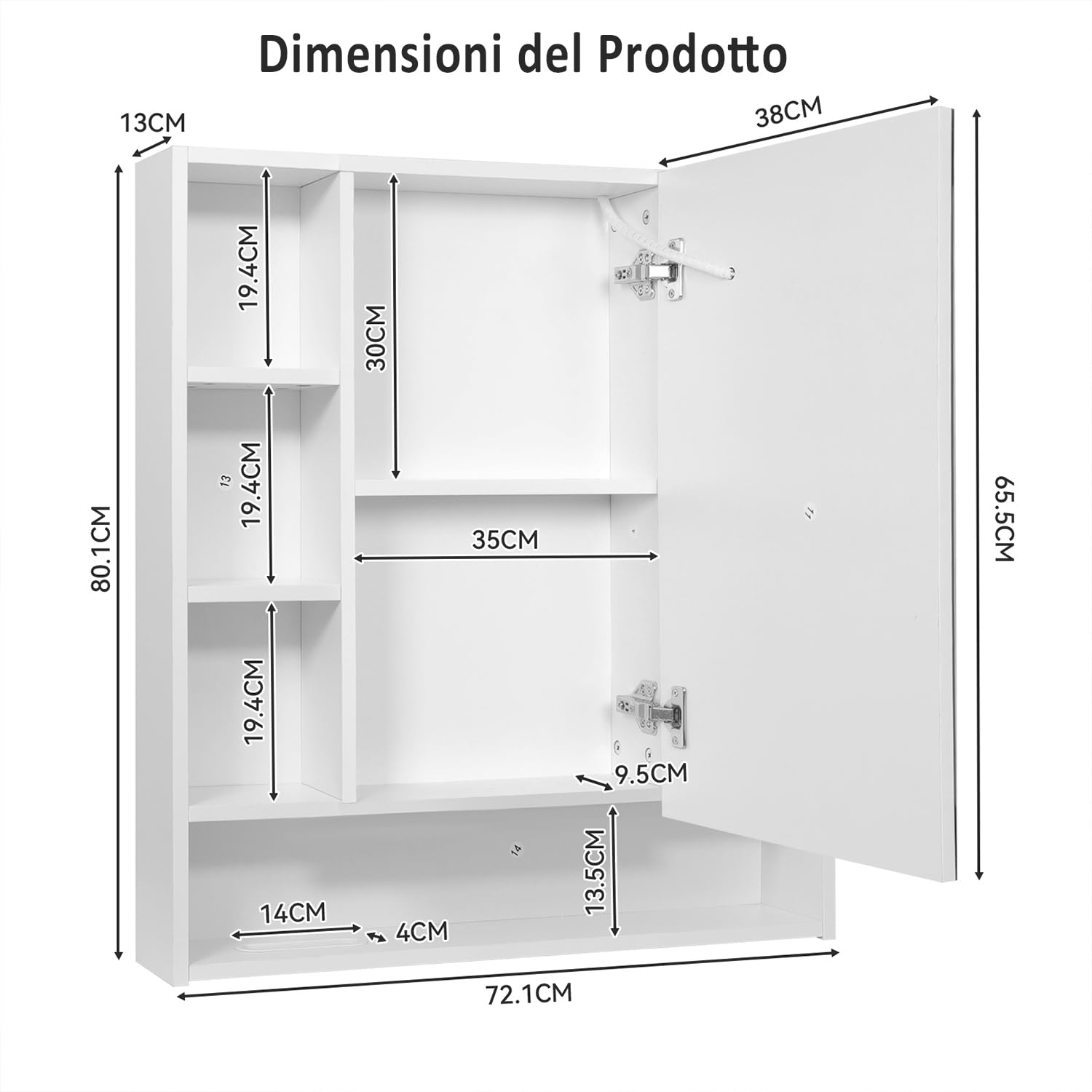 YU YUSING Specchio Bagno Contenitore con Luce LED, 72x80x13cm, Mobili Armadio Bagno con 9 Ripiani 1 Anta, Mobile Parete con Specchio, 3 Temperature di Colori Dimmerabili, Mobiletto Salvaspazio Parete