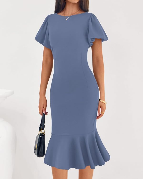 BTFBM Women Formal Wedding Guest Cocktail Dresses 2026 Short Sleeve Ruffle Mermaid Work Bodycon Elegant Midi Summer Dress(Grey Blue, Small) by BTFBM - Used condition - Image 5
