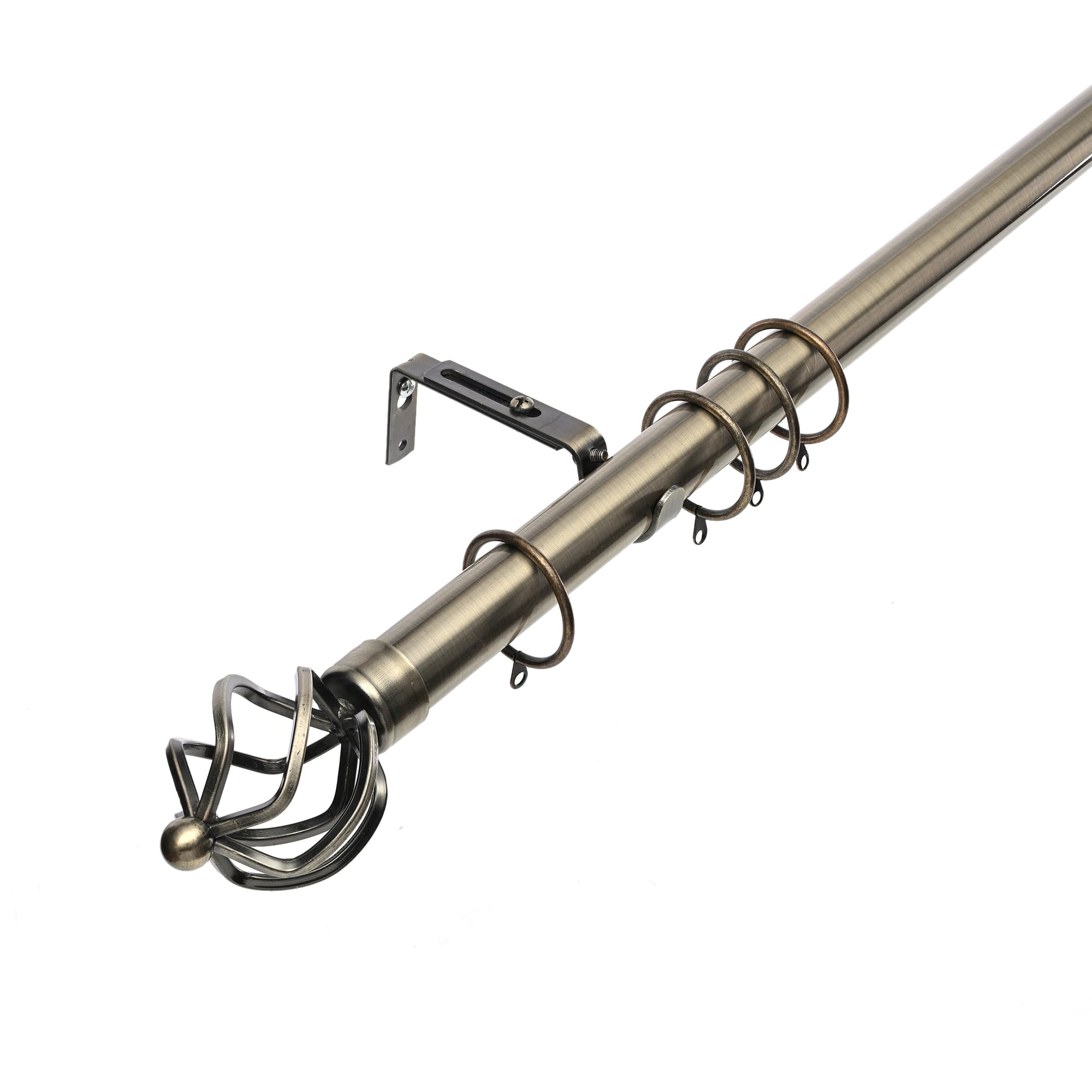 Lister Cartwright 28mm Antique Brass Adjustable Extendable Metal Curtain Pole Set Rings with Cage Finial Voile Easy fit to Outdoor, Bedroom, Living Room (210-320 cm)