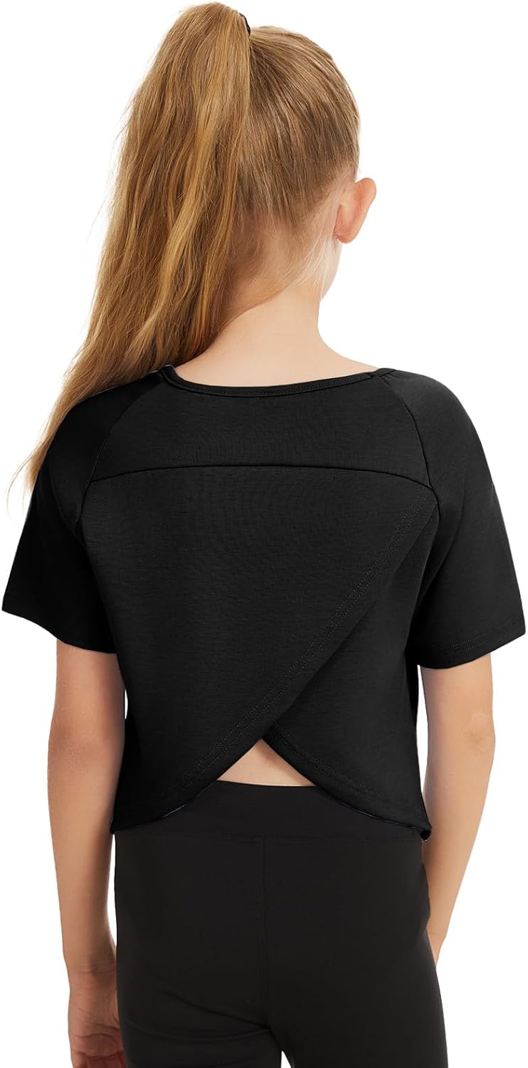 Girls Summer Workout Crop Tops Cropped Split Back Athletic Gym Exercise Short Sleeve Basic T Shirts 3-14 Years