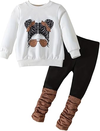OLMRJKD Kids Toddler Girls Clothes Figure Graphic Drop Shoulder Top Pullover Spotted Print Pants Fall Winter Outfit Set