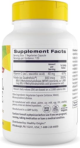 Miniatura 2 de Healthy Origins Metil Folato de 800 mcg (quatrefolic, no OMG, folato biodisponible, sin gluten, soporte neurotransmisor), 120 cápsulas vegetales